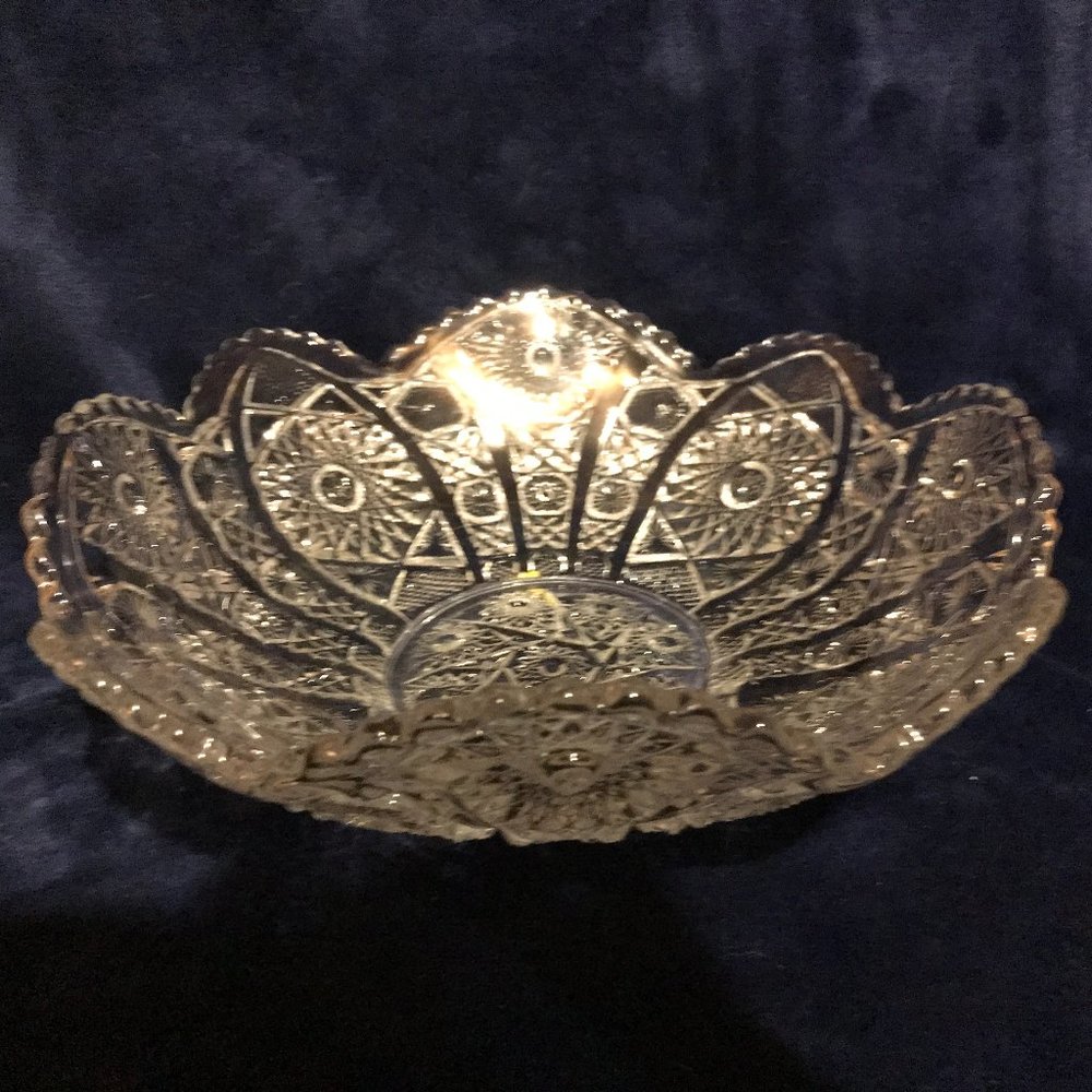 Large Clear Pressed Glass Hobstar Sawtooth Rim Serving Bowl 10" Diameter